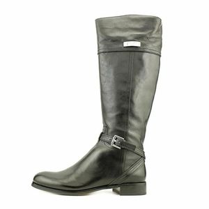 Coach Micha Black Leather Knee High Riding Boot 7.5 Strap Zipper Silver Hardware